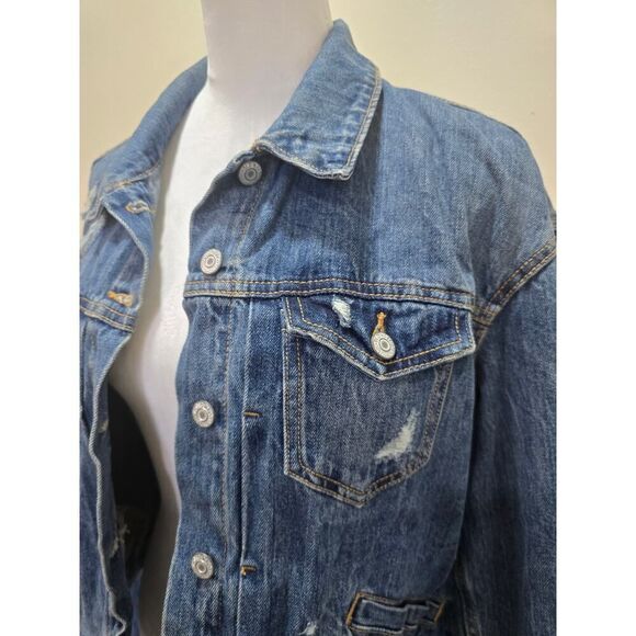 Old Navy Distressed Denim Jacket Women's Size L 100% Cotton Classic Jean Jacket - Picture 2 of 8
